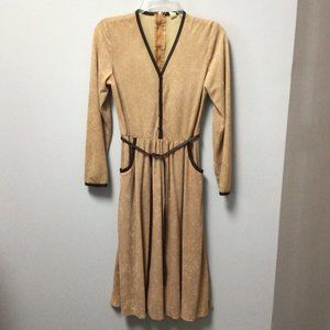 Tan terry cloth dress with brown leather-look trim and belt